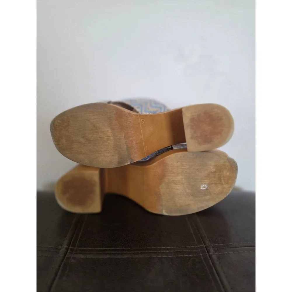 Avellini Leather Boho Y2K Blue Block Wooden Platform Sandals sz 40 Us 9.5